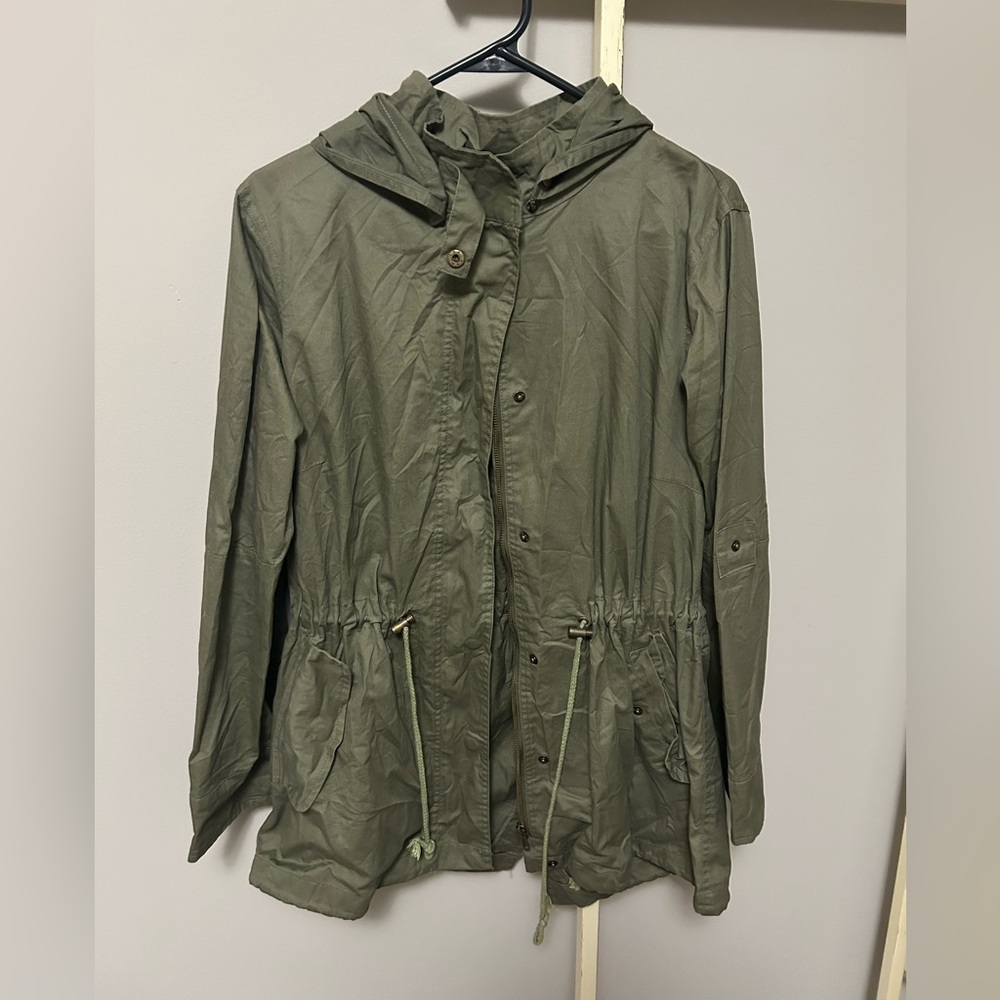 Army Green Jacket, cinch waist, removable hood